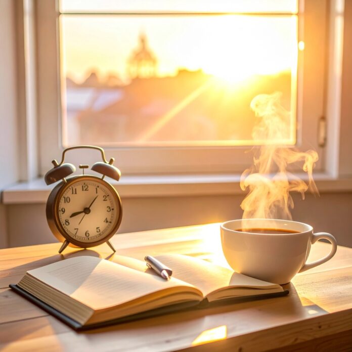 miracle-morning-routine-success-tips 따뜻한 아침 햇살을 받으며 다이어리와 커피가 놓인 책상, 미라클 모닝의 여유로운 시작을 상징하는 모습
