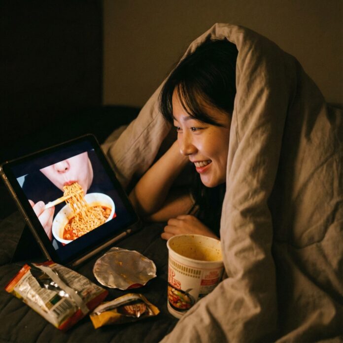 mukbang-watching-psychology-trend 늦은 밤 태블릿으로 라면 먹방 영상을 시청하며 대리 만족을 느끼는 사람의 모습, 먹방 트렌드와 심리를 상징하는 이미지