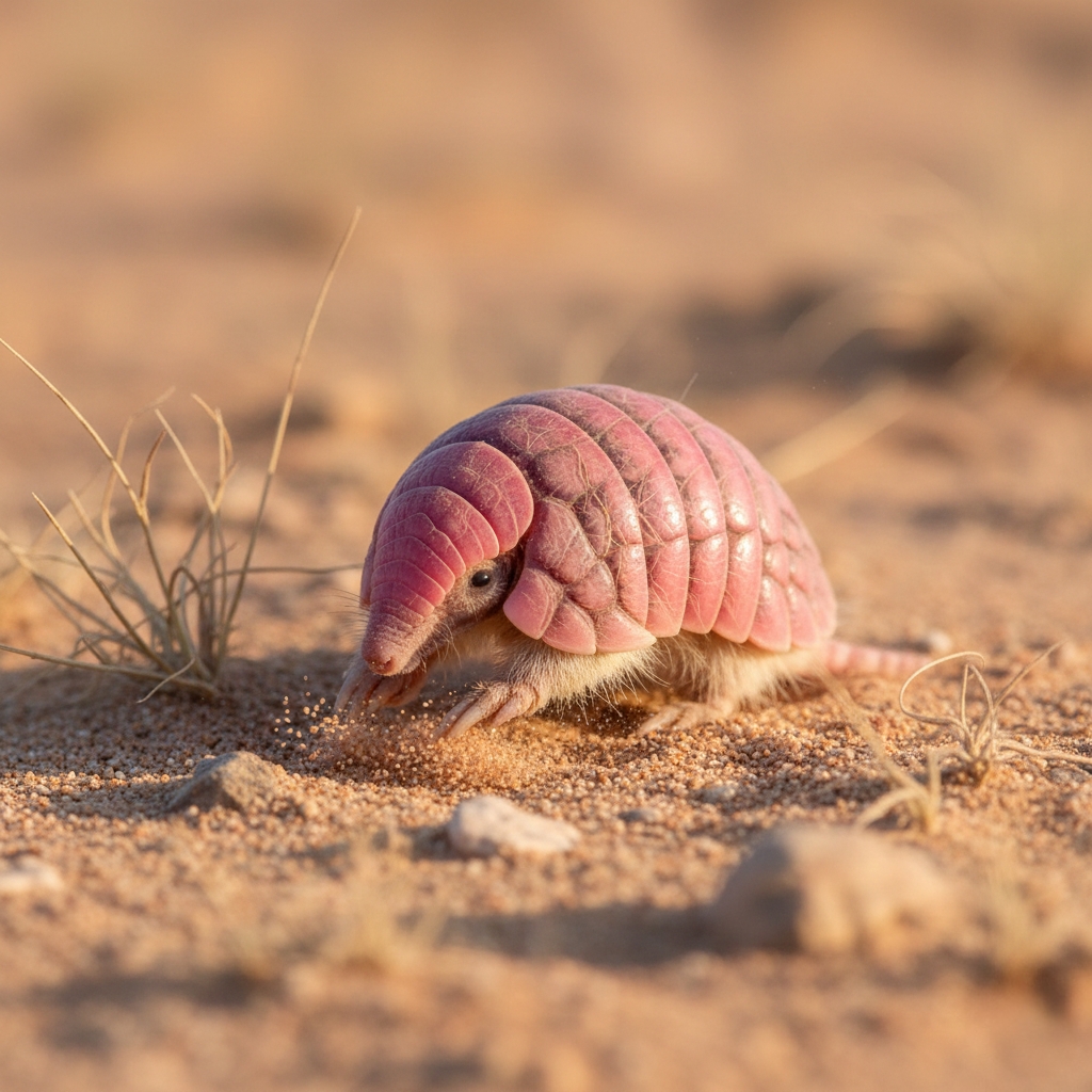 아르헨티나 사막에 서식하는 희귀하고 작은 분홍 아르마딜로의 클로즈업 사진