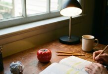 집중력이 2배 오르는 마법의 25분: ‘뽀모도로 공부법’의 과학적 원리와 실패 없는 실천 가이드 책상 위에 놓인 빨간색 토마토 타이머와 공부 노트, 뽀모도로 공부법과 시간 관리를 상징하는 이미지