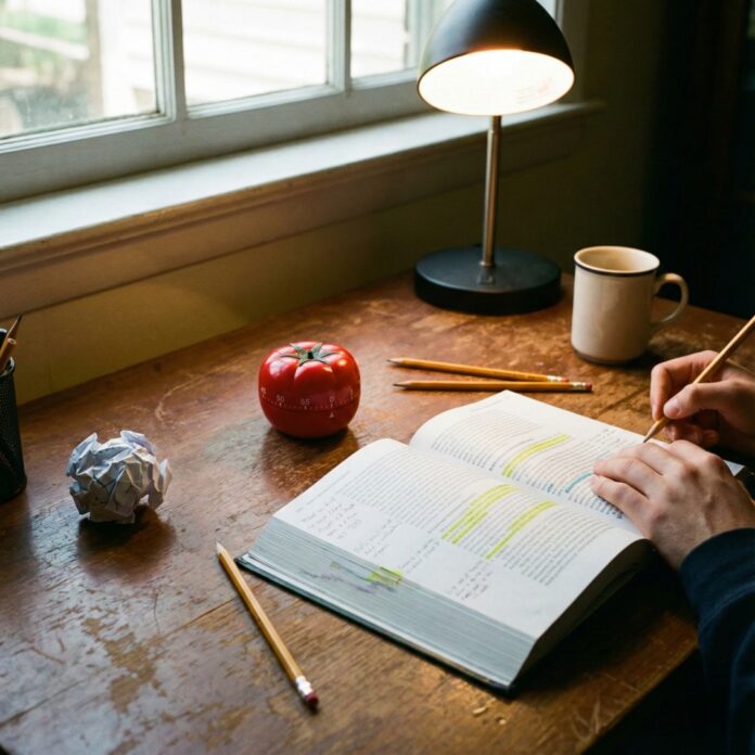pomodoro-technique-tomato-timer-study 책상 위에 놓인 빨간색 토마토 타이머와 공부 노트, 뽀모도로 공부법과 시간 관리를 상징하는 이미지