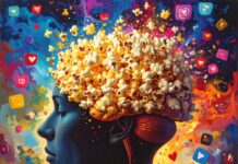 “1분 순삭? 내 뇌는 녹는 중” 숏폼 중독이 만드는 ‘팝콘 브레인’의 공포와 디지털 치매 인간의 뇌가 팝콘처럼 터지는 모습의 일러스트, 숏폼 콘텐츠 중독으로 인한 팝콘 브레인 현상을 상징