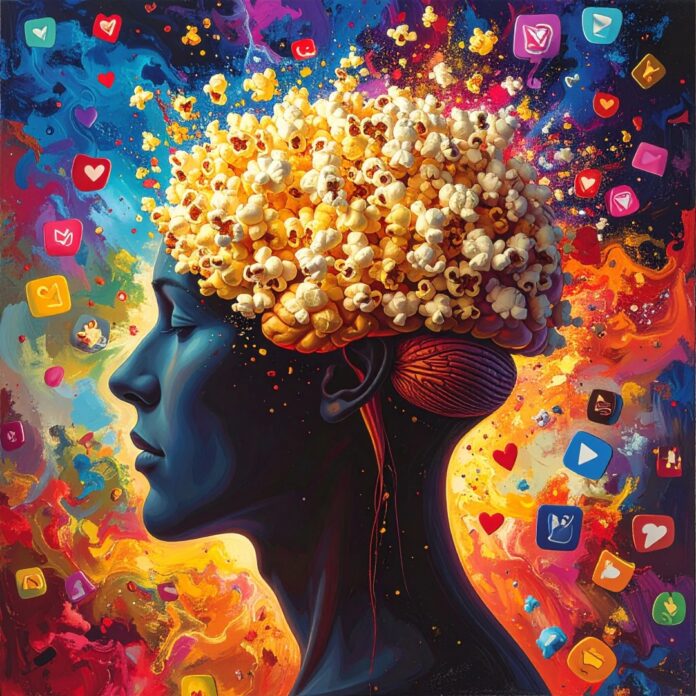 인간의 뇌가 팝콘처럼 터지는 모습의 일러스트, 숏폼 콘텐츠 중독으로 인한 팝콘 브레인 현상을 상징