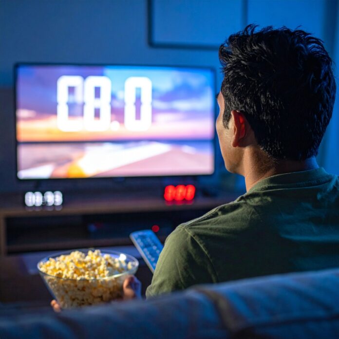 psychology-of-binge-watching-netflix 늦은 새벽까지 어두운 방에서 TV 화면 불빛에 의지해 넷플릭스를 몰아보고 있는 모습, OTT 중독 심리를 상징