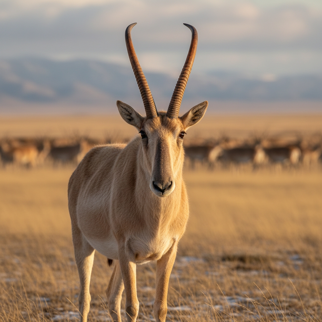 중앙아시아 초원에 서 있는 긴 코를 가진 멸종 위기종 사이다 영양