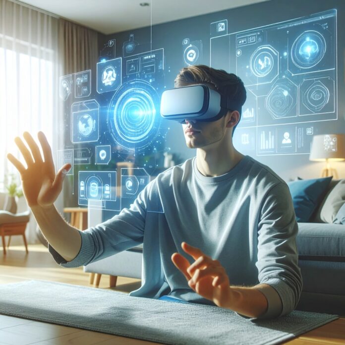 spatial-computing-future-tech-vision-pro 헤드셋을 착용하고 허공에 뜬 가상 스크린을 손짓으로 조작하는 모습, 공간 컴퓨팅과 미래 기술을 상징