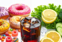 달콤한 살인자 ‘액상과당’의 공포: 당장 ‘설탕 디톡스’를 시작해야 하는 4가지 이유와 실천법 설탕이 가득한 정크푸드와 건강한 레몬수를 대조하여 설탕 디톡스의 필요성을 강조한 이미지