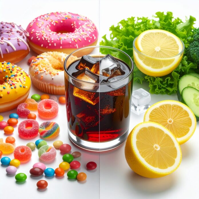 설탕이 가득한 정크푸드와 건강한 레몬수를 대조하여 설탕 디톡스의 필요성을 강조한 이미지