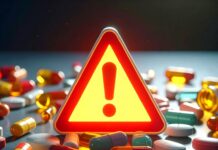 “몸에 좋으라고 먹었는데…” 한국인이 가장 많이 하는 최악의 영양제 오남용 실수 3가지 테이블 위에 쏟아진 다양한 영양제 알약들과 주의 표시, 영양제 오남용의 위험성을 경고하는 이미지