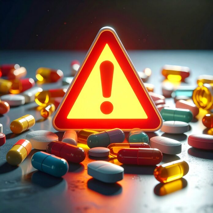 supplement-misuse-side-effects-health-tips 테이블 위에 쏟아진 다양한 영양제 알약들과 주의 표시, 영양제 오남용의 위험성을 경고하는 이미지