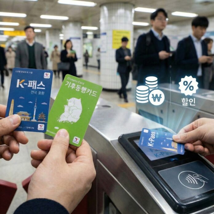 K-패스와 기후동행카드를 비교하는 모습과 대중교통 이용 혜택을 상징하는 이미지
