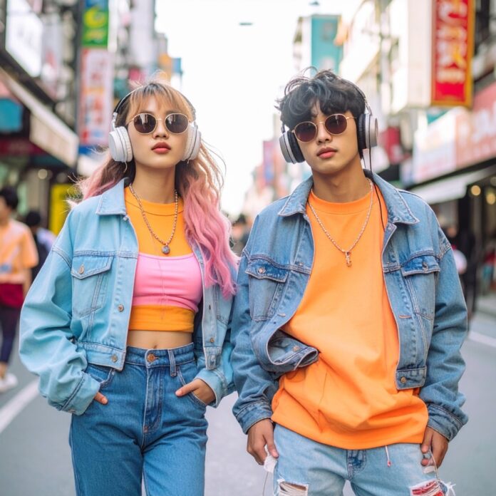 로우 라이즈 청바지와 헤드폰을 착용한 Z세대의 힙한 스트릿 패션, Y2K 패션 트렌드의 부활을 상징