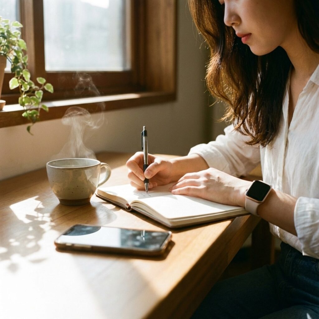 스마트폰 대신 종이 다이어리에 정성스럽게 기록을 남기는 한국인 여성의 손