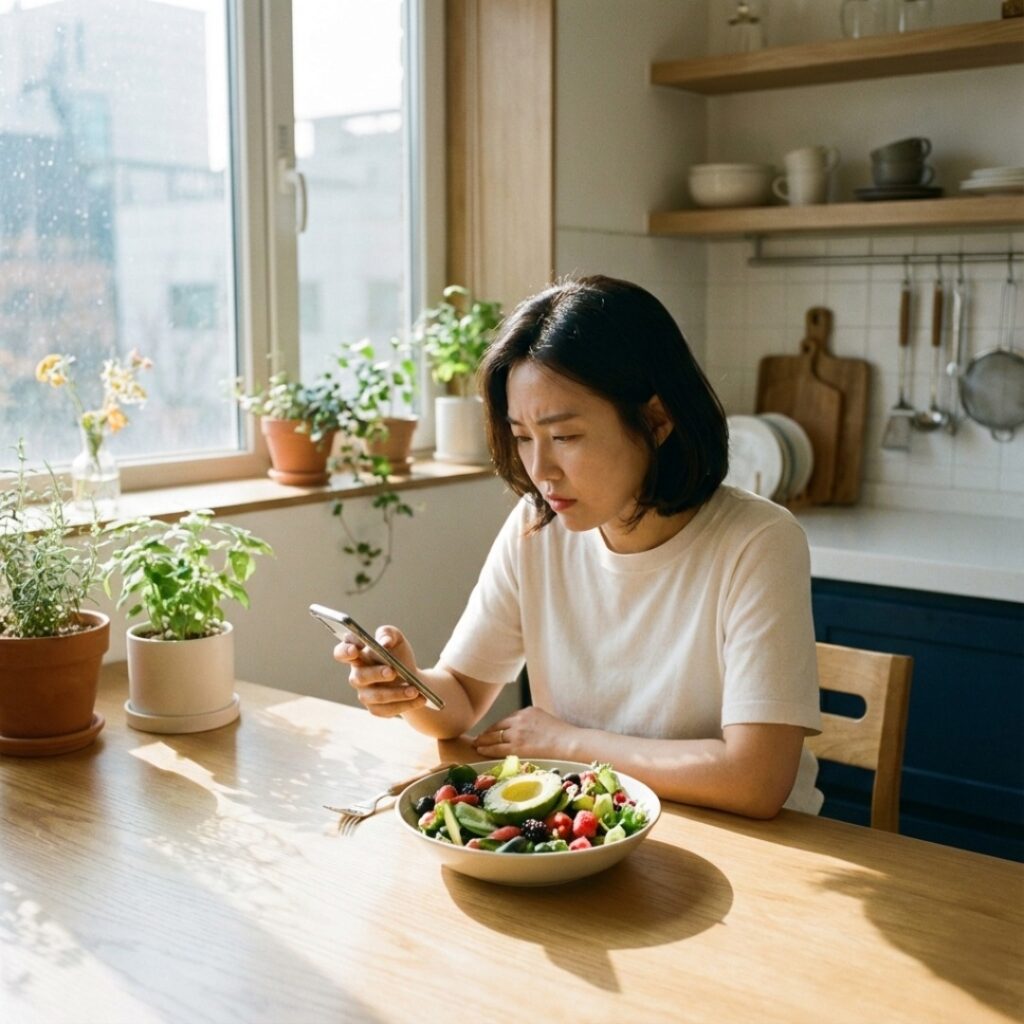 스마트폰 건강 관리 앱으로 식단과 활동량을 체크하는 한국인 여성