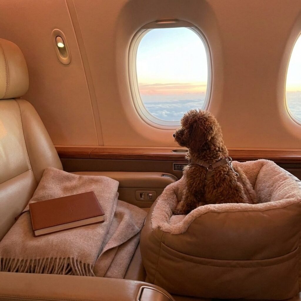 비행기 기내 전용 좌석에서 편안하게 쉬고 있는 귀여운 강아지의 모습