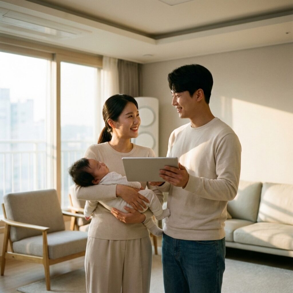 정부의 양육 지원 정책 확대로 행복한 시간을 보내고 있는 한국인 가족