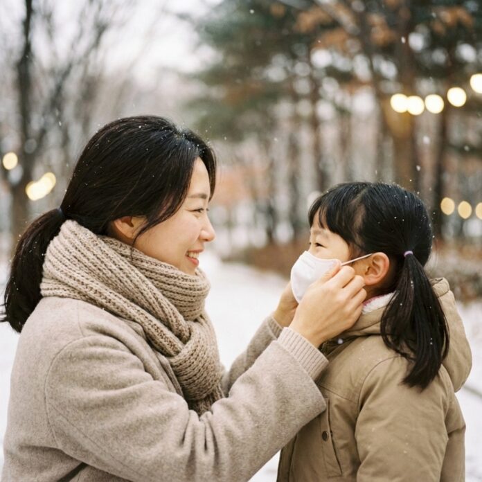 겨울철 외출 전 아이에게 마스크를 씌워주며 호흡기 건강을 챙기는 한국인 엄마의 모습