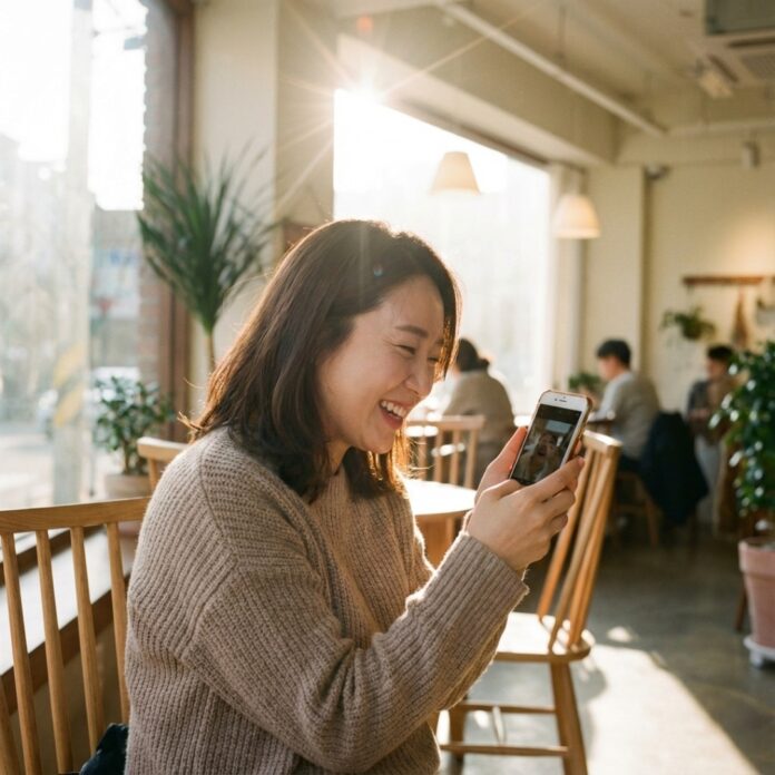 스마트폰으로 2026년 정부 지원금 혜택을 확인하며 웃고 있는 한국인 여성