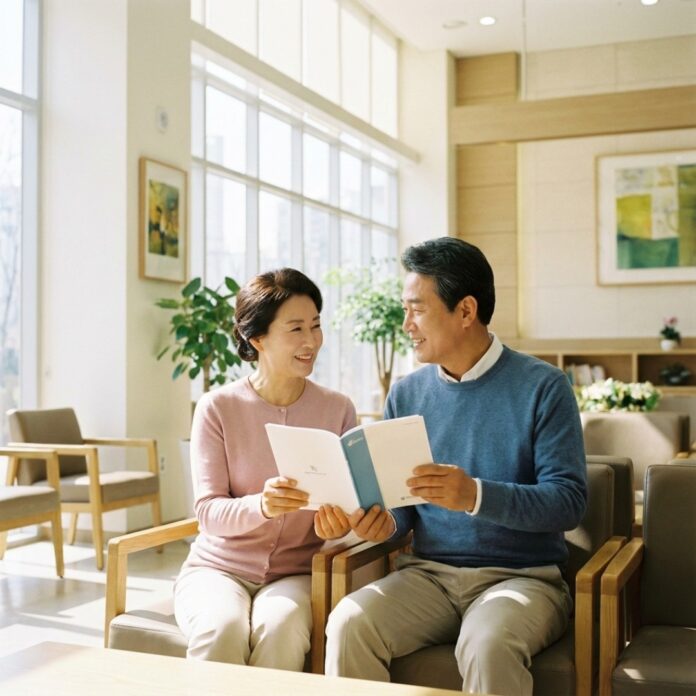 건강검진 결과표를 보며 밝게 웃으며 대화하는 한국인 중년 부부의 모습