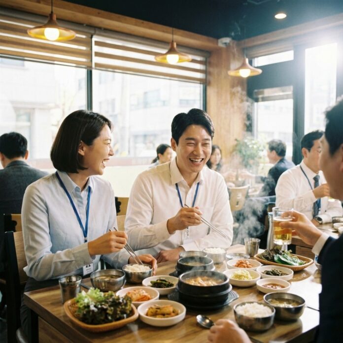 2026-korean-office-worker-happy-lunch 동료들과 즐겁게 점심 식사를 하며 식비 지원 혜택에 만족해하는 한국인 직장인들의 모습