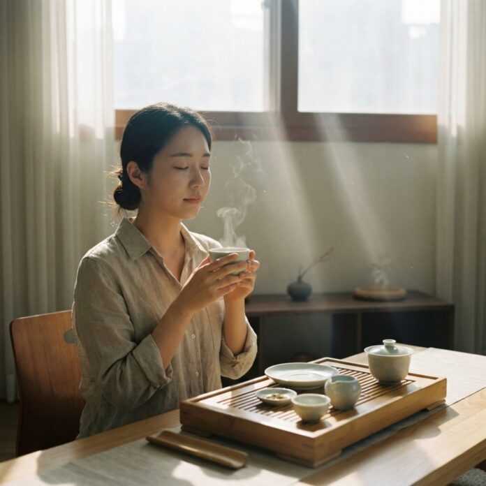 아침 햇살이 드는 창가에서 차를 마시며 독서를 즐기는 한국인 여성의 리추얼 모습