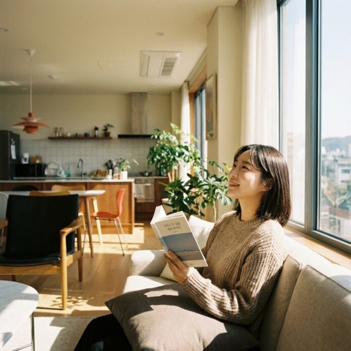 2026-korean-woman-relaxing-coliving-lounge 세련된 코리빙 하우스 라운지에서 커피를 마시며 이웃과 가볍게 인사하는 한국인 여성