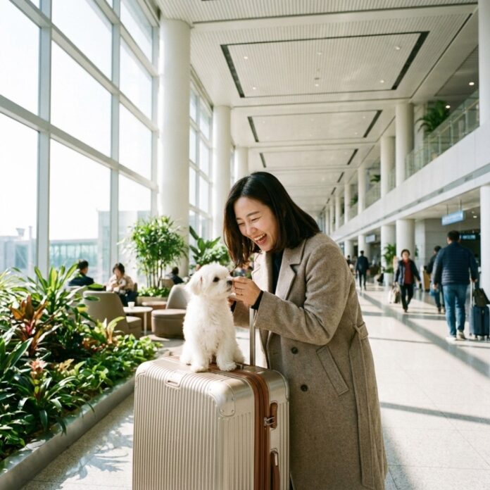 공항에서 반려견과 함께 여행 가방을 들고 활짝 웃고 있는 한국인 여성