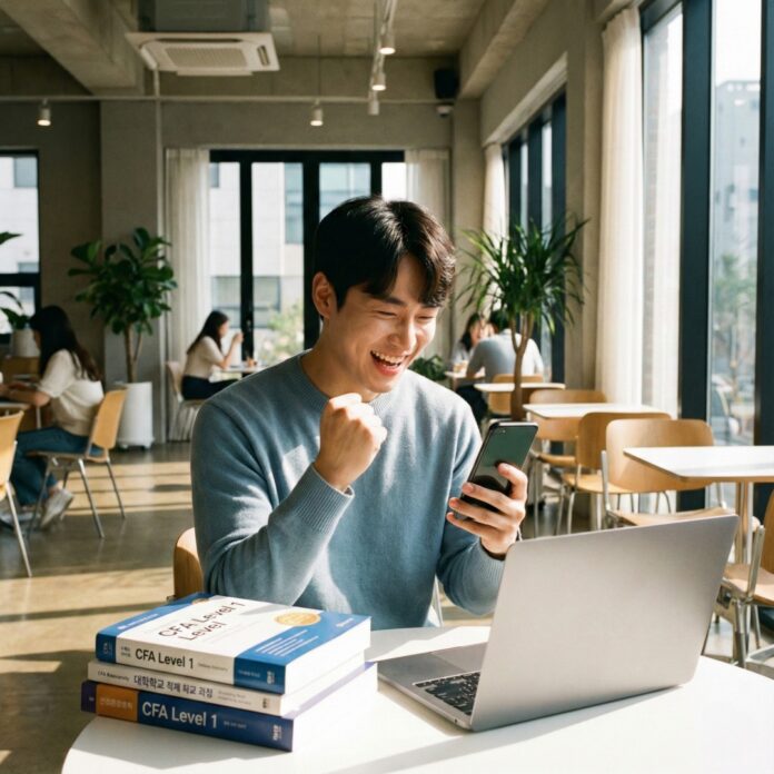 2026-korean-young-man-saving-goal 스마트폰으로 청년미래적금 혜택을 확인하며 기뻐하는 20대 한국인 남성