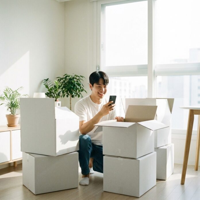 새집으로 이사하며 설레는 표정으로 짐을 정리하는 한국인 청년의 모습