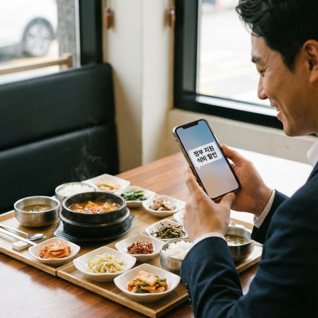깔끔한 식당에서 스마트폰으로 식비 할인 혜택을 확인하고 있는 한국인 남성