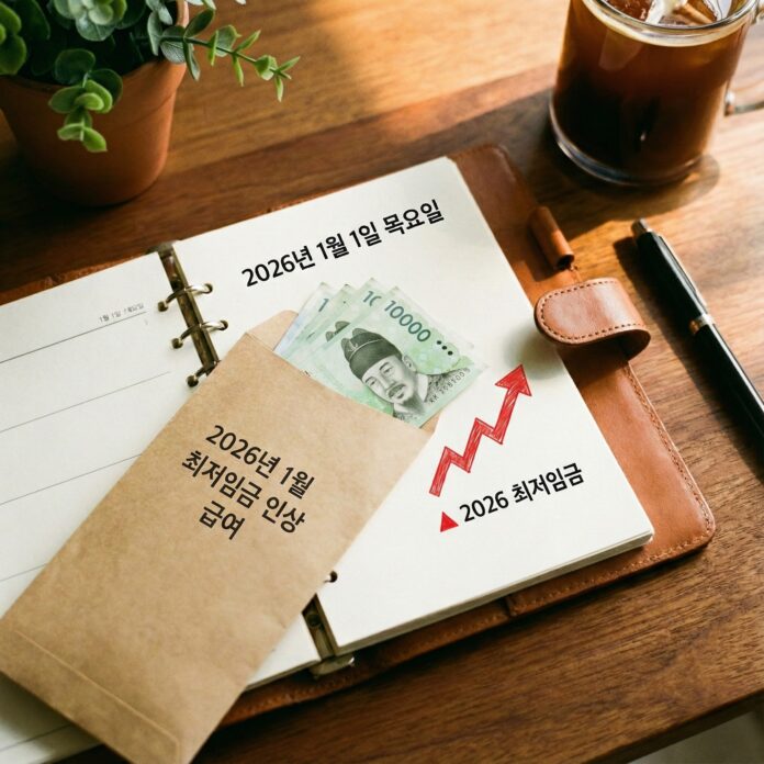 2026년 달력과 월급봉투, 상승 그래프가 놓인 책상, 최저임금 인상과 급여 변화를 상징하는 이미지
