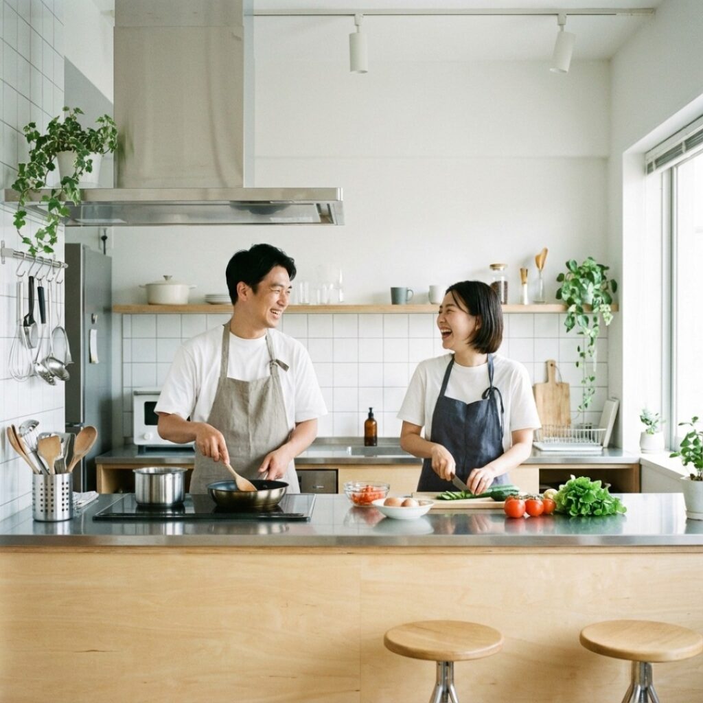 깔끔한 공유 주방에서 함께 요리하며 즐겁게 대화하는 젊은 한국인 남녀의 모습