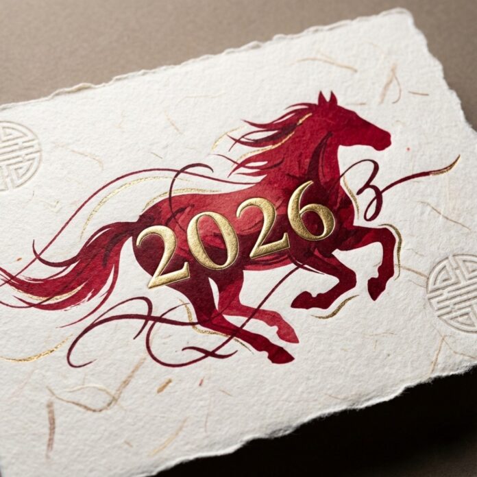 붉은 말의 실루엣이 세련되게 들어간 현대적인 2026년 연하장 디자인