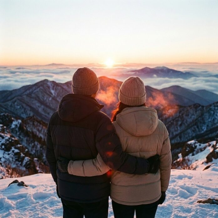 2026년 새해 첫 일출을 바라보며 소원을 비는 한국인 가족의 뒷모습