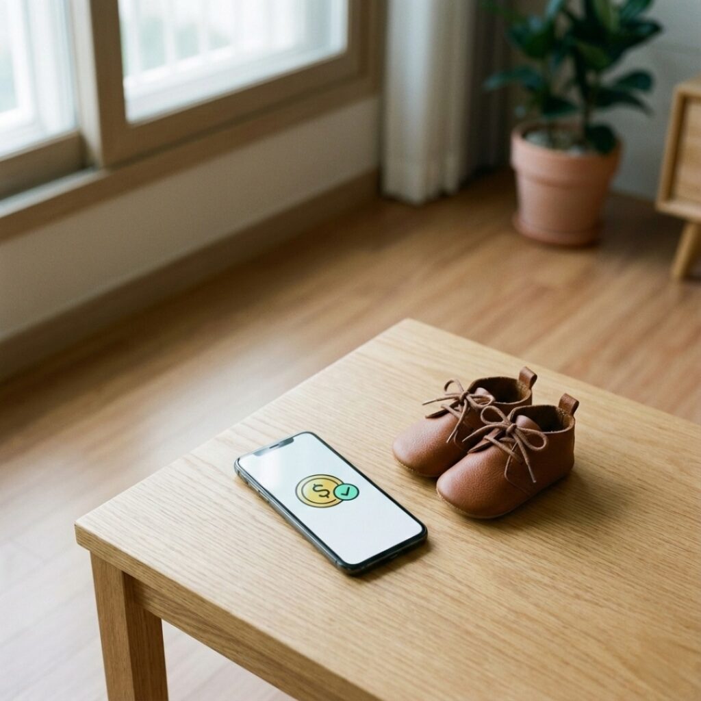 육아 지원금 100만 원 통장 입금을 상징하는 스마트폰과 아기 신발