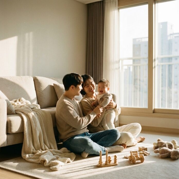 아기를 안고 행복하게 웃고 있는 젊은 한국인 부부의 모습