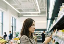 “이 가격 진짜일까?” 프라이스 디코딩으로 2026년 똑똑한 소비자 되는 법 마트에서 상품의 라벨을 비교하며 프라이스 디코딩을 실천하는 한국인 여성