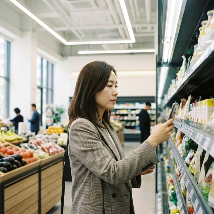 마트에서 상품의 라벨을 비교하며 프라이스 디코딩을 실천하는 한국인 여성