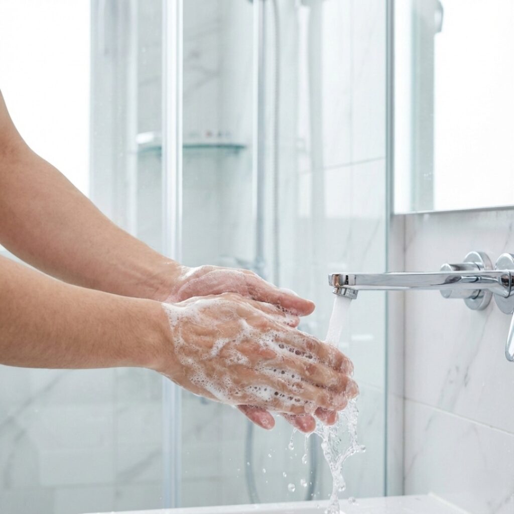 흐르는 물에 비누로 깨끗하게 손을 씻으며 독감을 예방하는 한국인 남성의 모습