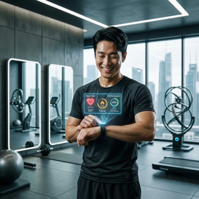 스마트워치를 통해 자신의 건강 데이터를 확인하며 만족해하는 30대 한국인 남성