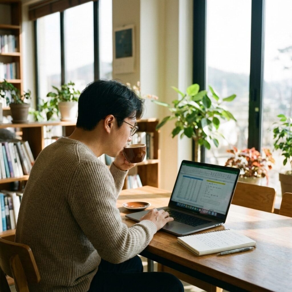 카페에서 스마트폰으로 가격 정보를 분석하는 한국인 남성
