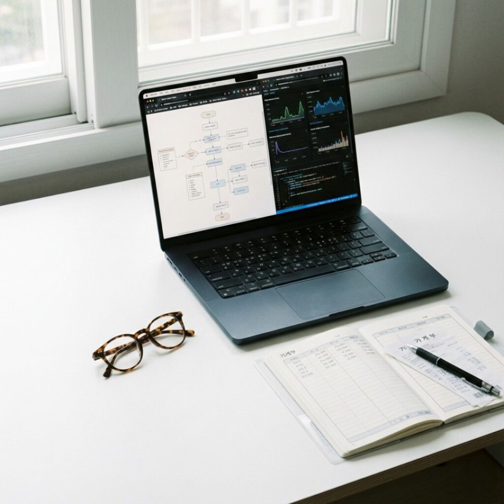 노트북 화면에 복잡한 검색 데이터와 AI 구조를 분석하며 전략을 세우는 한국인 남성의 모습