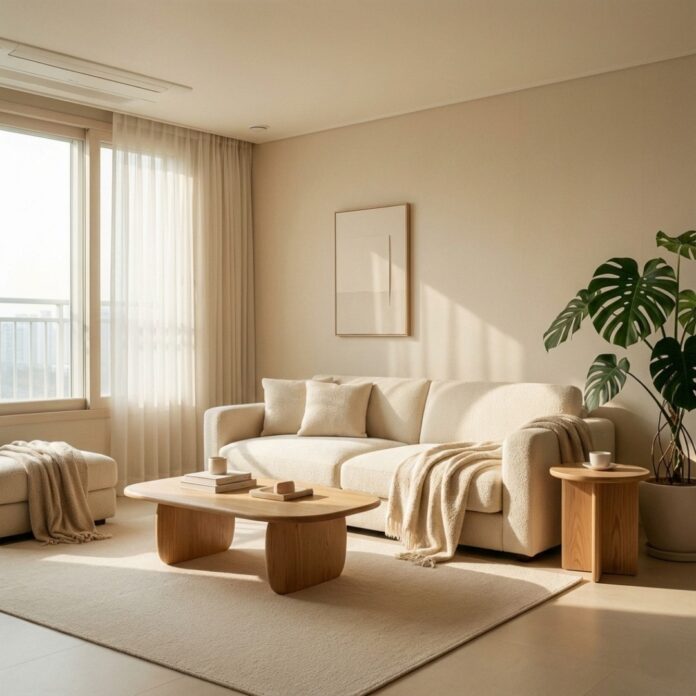 따뜻한 베이지 톤의 웜 미니멀리즘 스타일로 꾸며진 편안한 한국 아파트 거실 풍경