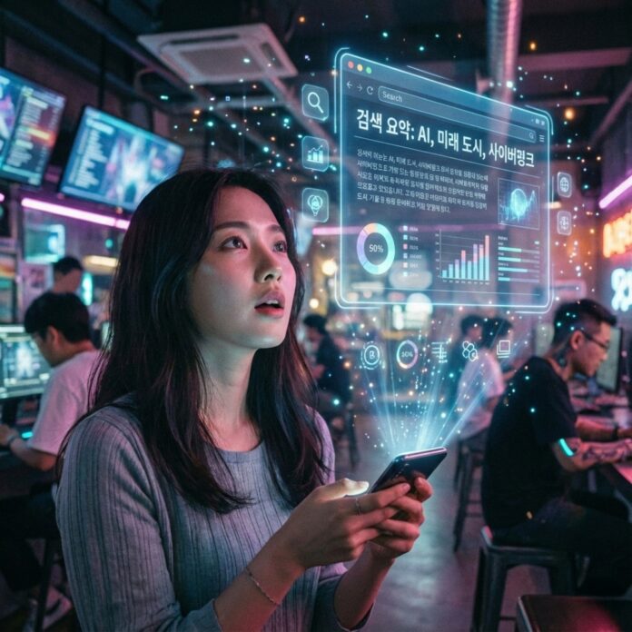 스마트폰 화면에서 검색 결과가 클릭 없이 바로 요약되어 나오는 모습을 신기하게 쳐다보는 한국인 여성