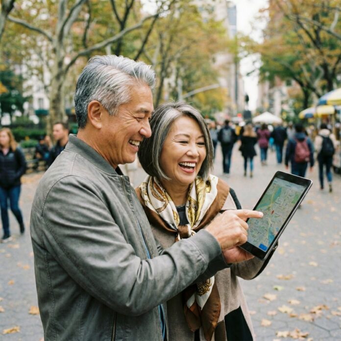 태블릿 PC를 사용하며 활짝 웃는 액티브 시니어 부부, 초고령사회와 실버 이코노미 트렌드를 상징하는 이미지