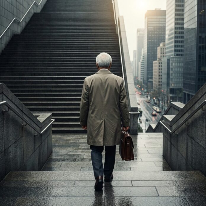 출근하는 활기찬 노신사, 2025년 정년 연장 트렌드와 노인 일자리를 상징