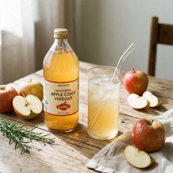 애플 사이다 비니거 병과 물에 희석된 음료, 빨대가 꽂힌 유리잔, 애사비 다이어트와 건강 효능을 상징하는 이미지