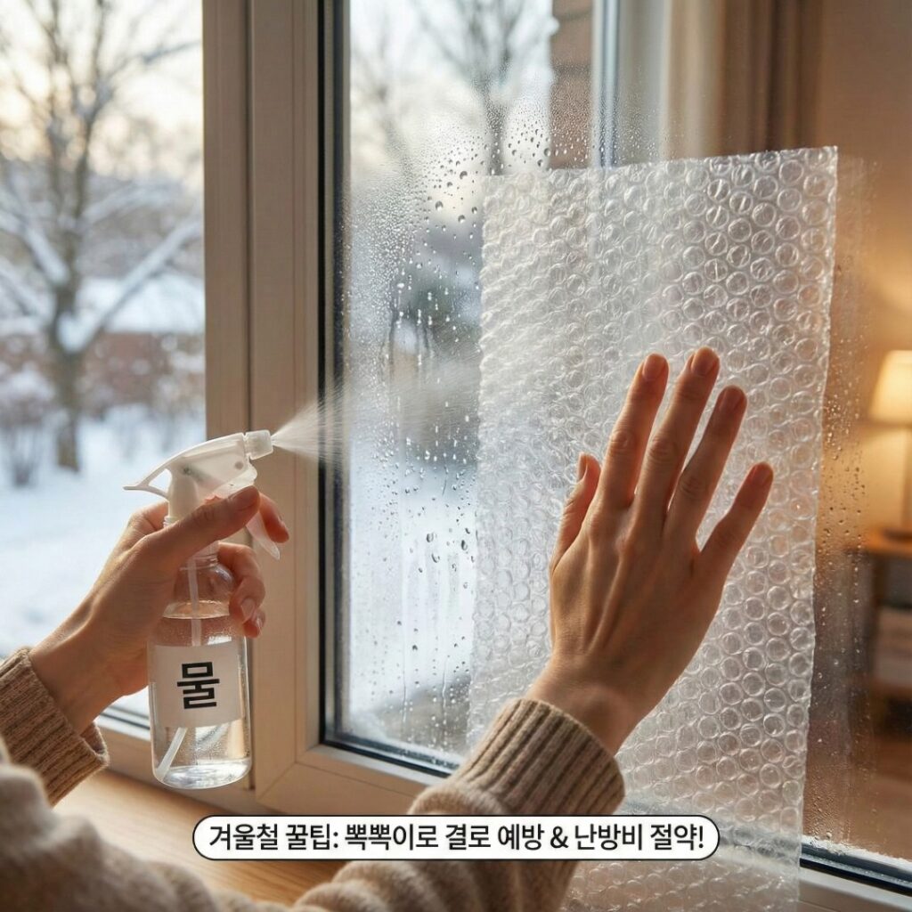 겨울철 단열과 결로 방지를 위해 창문에 뽁뽁이를 붙이는 모습