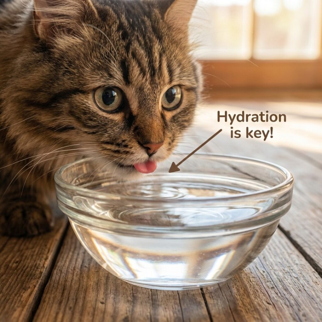 음수량을 늘리기 위해 투명한 유리볼의 물을 마시는 고양이