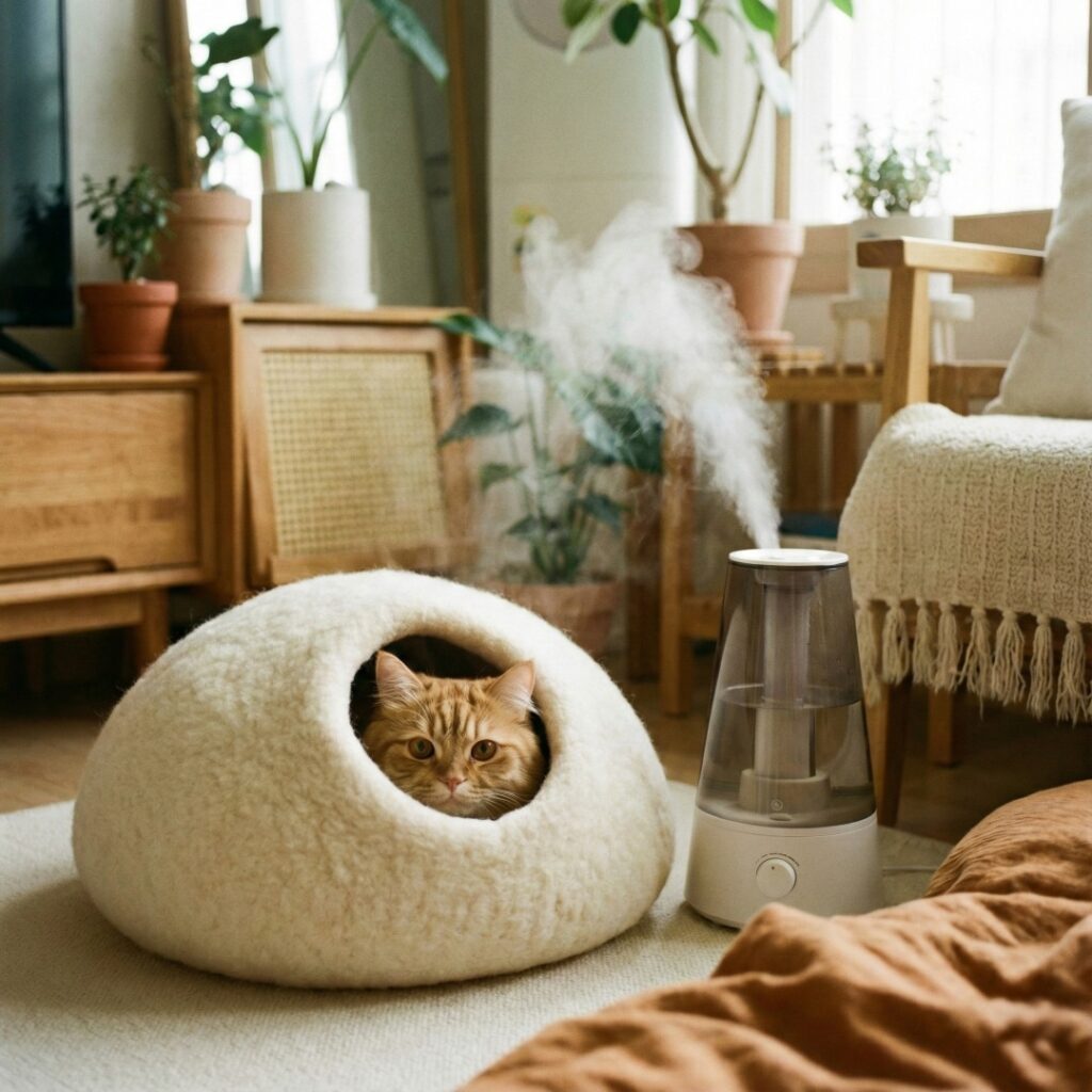 가습기가 켜진 방 안의 숨숨집에 들어가 있는 고양이, 고양이 겨울철 실내 환경 관리를 상징